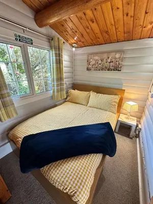 a bedroom with two beds in a tiny house at Caban Enfys in Trawsfynydd