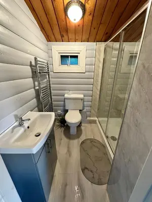 a bathroom with a toilet and a sink and a shower at Caban Enfys in Trawsfynydd