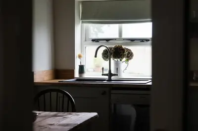 a kitchen sink with a plant in a window at Cosy cottage with stunning views, close to Ludlow in Bucknell
