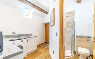 a bathroom with a toilet sink and a shower at Y Pandy in Pennal