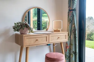 a dressing table with a mirror and a plant on it at Modern Bungalow Views of Pen y Fan in Brecon