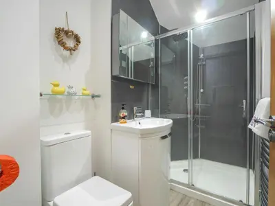 a bathroom with a shower and a toilet and a sink at Sailhouse Loft New Quay in New Quay