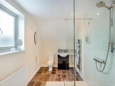 a bathroom with a shower and a toilet and a sink at Orchard Barn in Llandrindod Wells