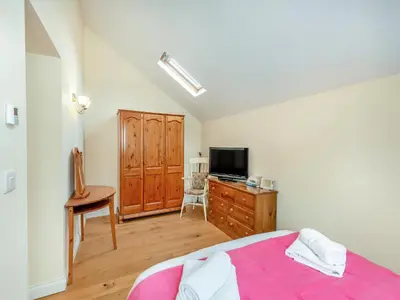 a bedroom with a bed and a television and a dresser at Orchard Barn in Llandrindod Wells
