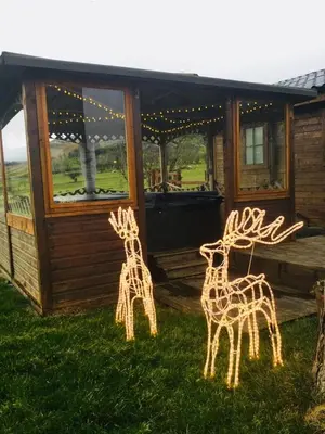 three fake giraffes standing in the grass in front of a cabin at Perfect getaway Cabin Haf with Hot Tub in Llanrhaeadr-ym-Mochnant