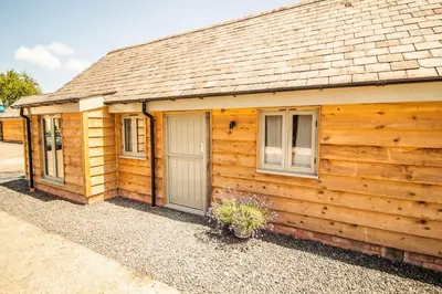 a wooden cabin with two windows and a door at Wyns Barn in Rhayader