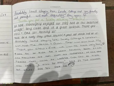 a letter from my mom thanking me for helping her cope at Awel Y Trydan Cottage in Pennant