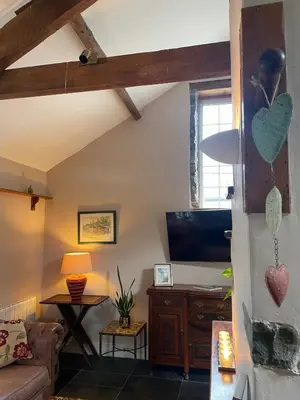 a living room with a couch and a tv at Y Bwthyn in Llanfihangel-geneuʼr-glyn