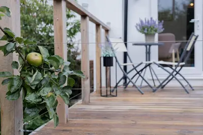 a porch with a plant and a table and chairs at Charming Eco Hideaway on the Dee River with Private Relaxing Hot Tub in Llangollen