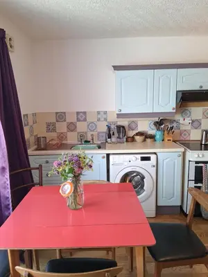 a kitchen with a red table with flowers on it at King bed, opposite the beach in Borth