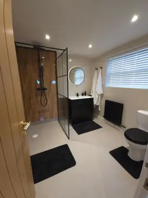 a bathroom with a shower and a toilet and a sink at Modern Retreat near Aberaeron - Luxe 1 bed Escape in Ciliau-Aeron