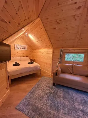 a room with two beds and a couch in a cabin at Clogau Tree House Hot tub &sauna in Penmaenpool