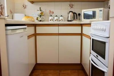 a kitchen with white cabinets and a microwave at The Stable Aberystwyth in Aberystwyth