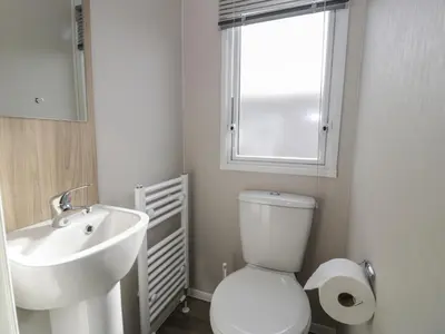 a bathroom with a toilet and a sink and a window at Gold Caravan 203 in Talybont