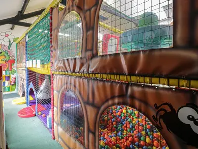 a play room with a wall filled with balls at Gold Caravan 203 in Talybont
