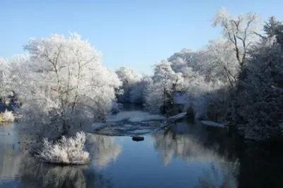 a view of a river with snow covered trees at The Studio, spacious riverside property in Ludlow with private parking in Ludlow