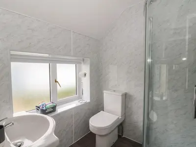 a bathroom with a toilet and a sink and a window at Glandwr House in Llandrindod Wells