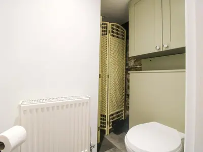 a bathroom with a white toilet and a radiator at Raven Lane Retreat in Ludlow