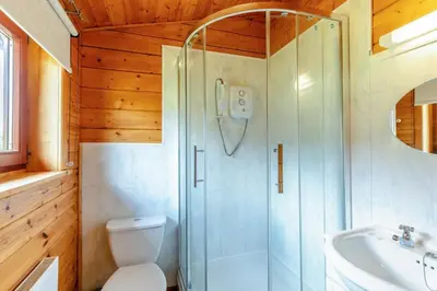 a bathroom with a shower and a toilet and a sink at 1 Bed in Llandinam oc-t33065 in Llandinam