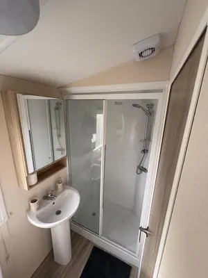 a bathroom with a shower and a sink at T&J Seaview at Pengarreg in Llanrhystyd