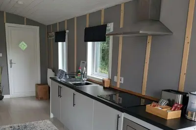a kitchen with a sink and a counter top at Tranquil Cabin Retreat- Sleeps 2 Parking in Welshpool