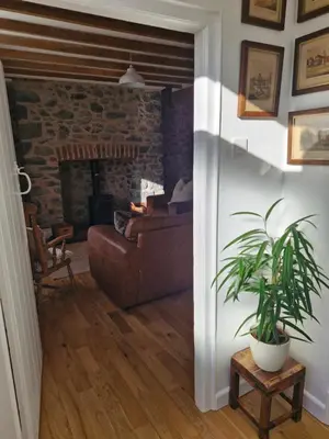 a living room with a couch and a fireplace at Rustic Welsh cottage in Llanwrtyd Wells