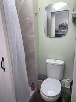 a bathroom with a white toilet and a mirror at Victorian Town House Shrews in Shrewsbury