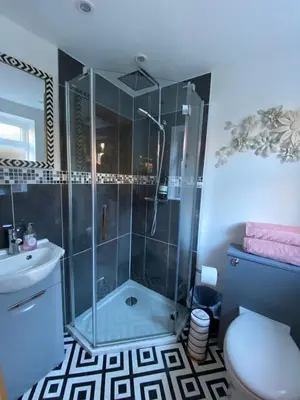a bathroom with a shower and a toilet at Studio Twelve in Brecon