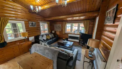 an overhead view of a living room in a log cabin at IVY Cabin in Trawsfynydd