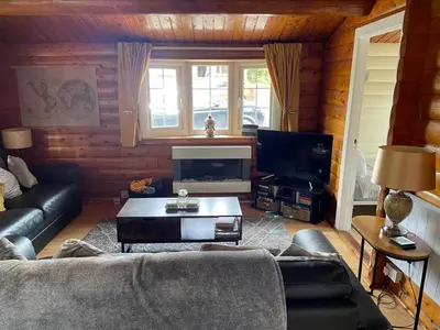 a living room with a couch and a tv at IVY Cabin in Trawsfynydd