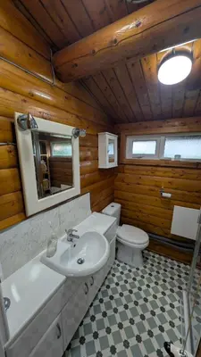 a bathroom with a white sink and a toilet at IVY Cabin in Trawsfynydd