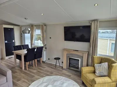 a living room with a fireplace and a tv at Harries Superior Lodge Ocean in New Quay