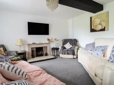 a living room with a couch and a fireplace at Plas Yn Bonwm in Corwen