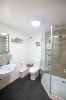 a bathroom with a toilet and a sink and a shower at Charming cottage in central Ludlow with parking in Ludlow