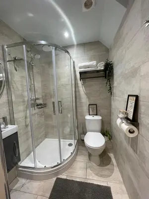 a bathroom with a shower and a toilet and a sink at Modern 1 Bed Apartment Sleeps 2 in Llanbadarn-fawr