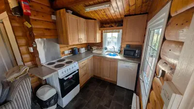 an overhead view of a kitchen in a log cabin at Eryri Retreat in Trawsfynydd