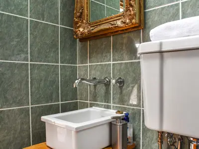 a bathroom with a toilet and a mirror at The Cabin in Llangadog