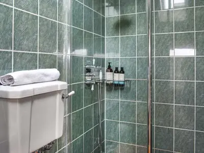 a bathroom with a shower with green tiles at The Cabin in Llangadog