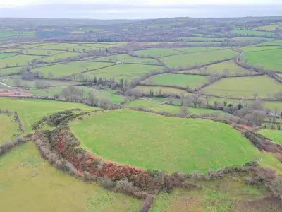 an aerial view of a green field with trees at Ty Crwn - The Roundhouse in Lampeter