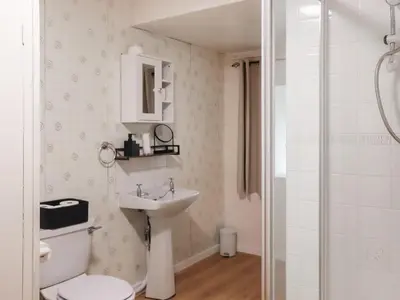 a white bathroom with a toilet and a sink at Cynfal Fawr Farmhouse in Ffestiniog