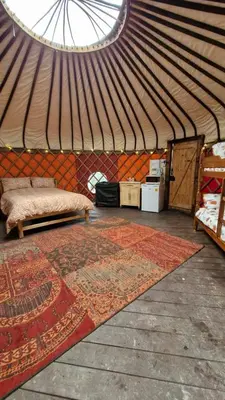 a yurt with a bed and a rug in a room at Hillside Retreats in Machynlleth