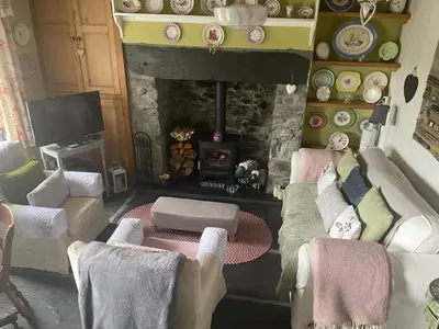 a living room with two couches and a fireplace at Patchwork cottage - Grade 2 listed cottage in Snowdonia in Maentwrog
