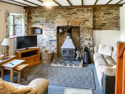 a living room with a stone wall with a stove at Lower Rheol in Erwood