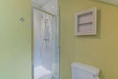 a bathroom with a shower and a white toilet at Ceseilgwm in Corwen