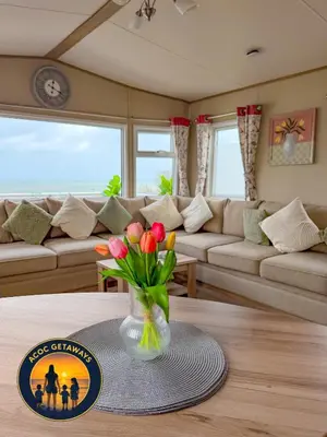 a living room with a vase of flowers on a table at Preselli 5- Quay West Holiday Park, New Quay in New Quay