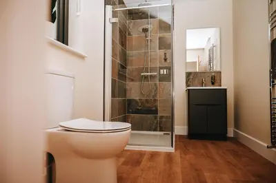 a bathroom with a toilet and a shower at Beacons View Luxury Lakeside Chalet- Trem Y Fan in Brecon