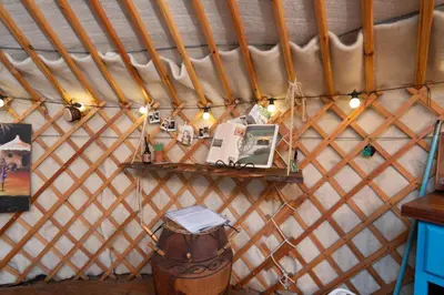 a room with a yurt with a shelf at Finest Retreats - Pandy Traditional Yurt in Dolgellau