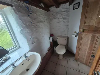 a bathroom with a toilet and a sink and a window at The Old Barn in Bettws Gwerfil Goch