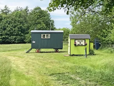 a tiny house and a shed in a field at Cwt Cwtshlyd in Tregaron