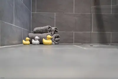 a group of three rubber ducks in a bathroom at Y-Ddol in Dyffryn